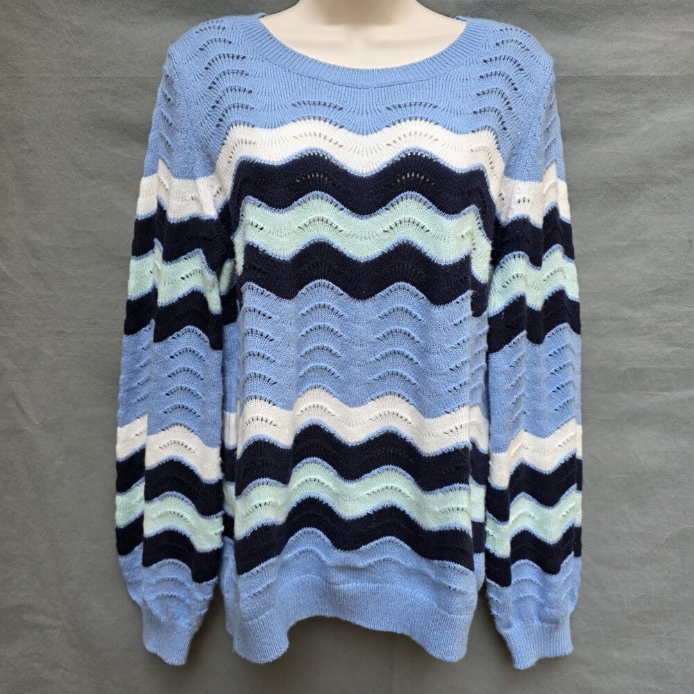 Talbots Size M Bishop Sleeves Blue White Black Knit Sweater Squiggle Pullover